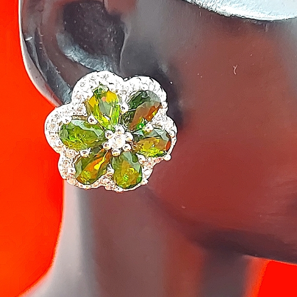 Natural Chrome Diopside & CZ 925‎ Sterling Silver Earrings - Picture 2 of 8